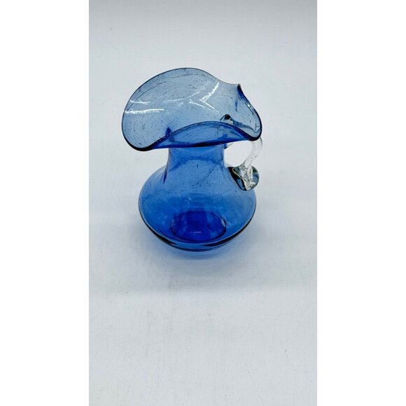 Vintage Cobalt Blue Hand Blown Glass Art Mini Pitcher W/applied Handle - Picture 2 of 6
